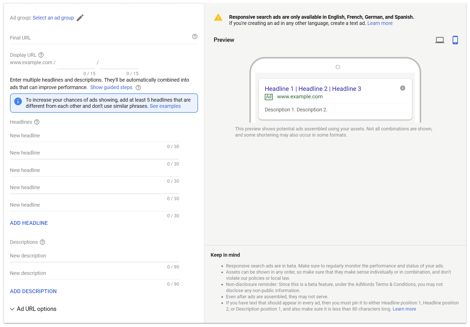 Editing a Responsive Search Ad