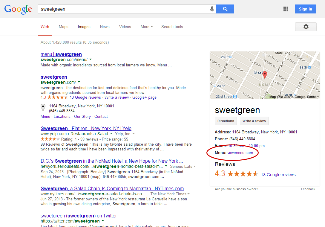 Summary of business with link to menu source