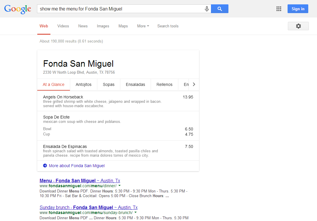 Restaurant menus in Google search result example