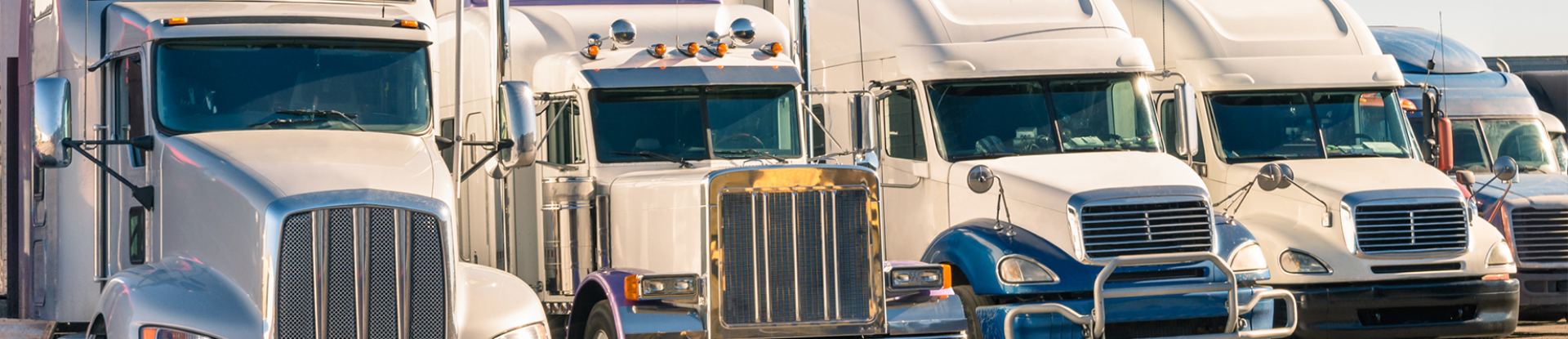various commercial semi-trucks lined up facing towards the front